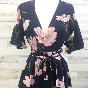 Navy & Pink Daisy Print Kimono Style ROMPER